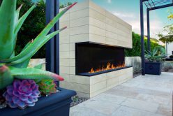 Nadia Neo Planks natural stone thin veneer installed on outdoor gas fireplace
