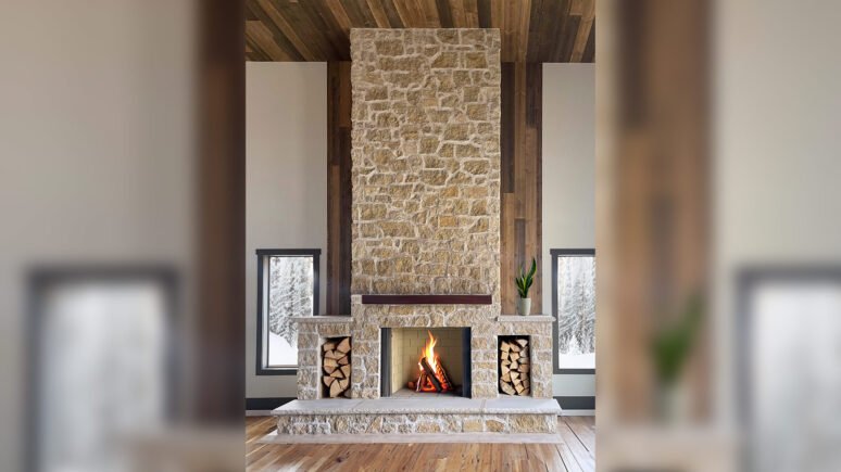 Regent Buff Rubble natural stone thin veneer installed on interior fireplace.