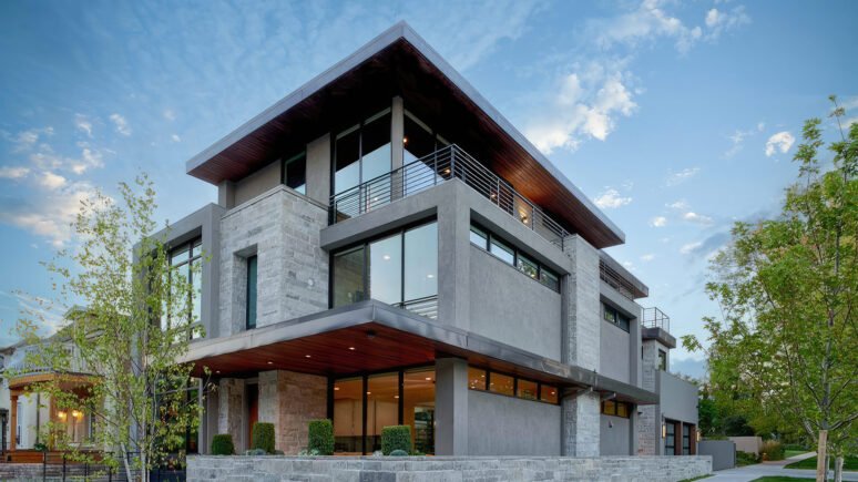 Mission Blue Traditional natural stone thin veneer installed on exterior of custom home.