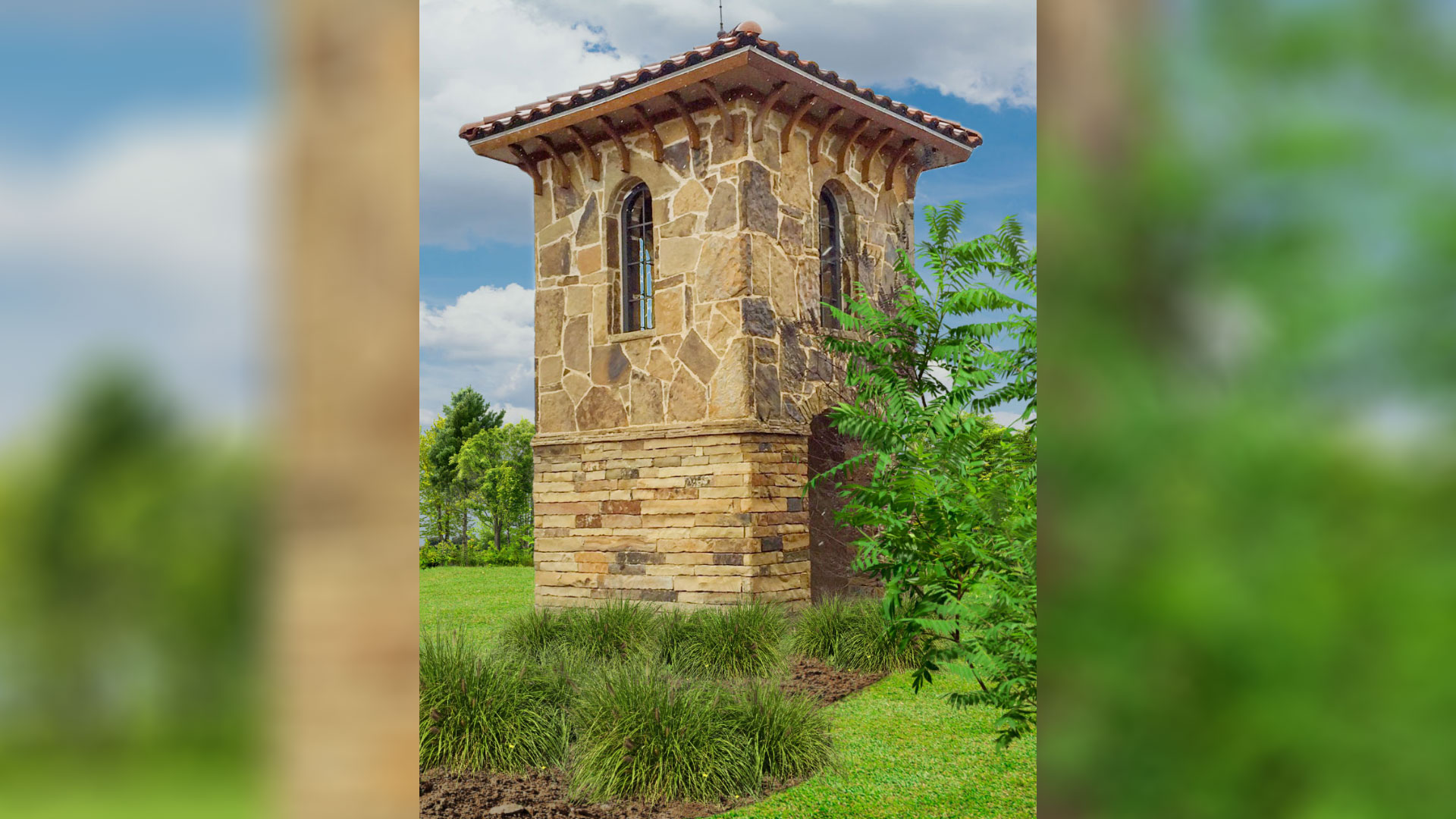 ashwood rubble custom profile natural stone thin veneer installed on exterior of clock tower